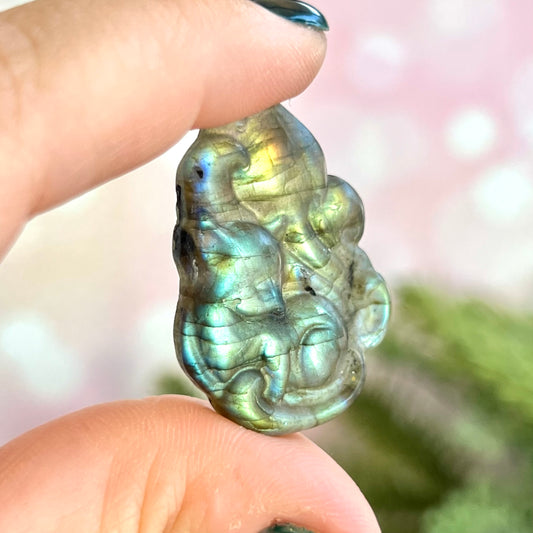 Kitsune Nine Tailed Fox Kit Snuggled Up Labradorite Crystal Carved Cabochon