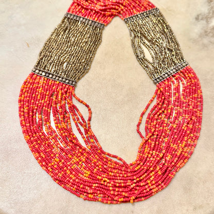 Cascading Red & Bronze Seed Bead Boho Multi-Strand Necklace