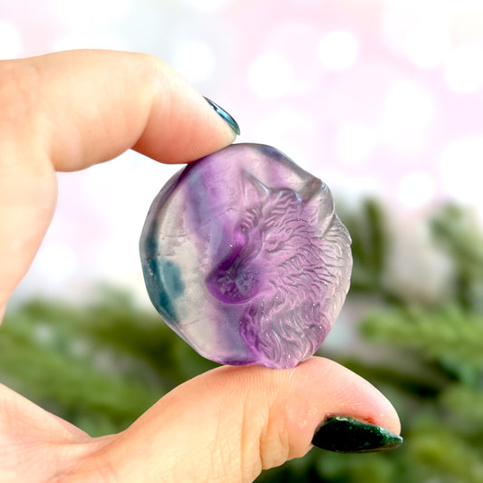 Purple Fluorite Wolf & Full Moon Carved Crystal Cabochon