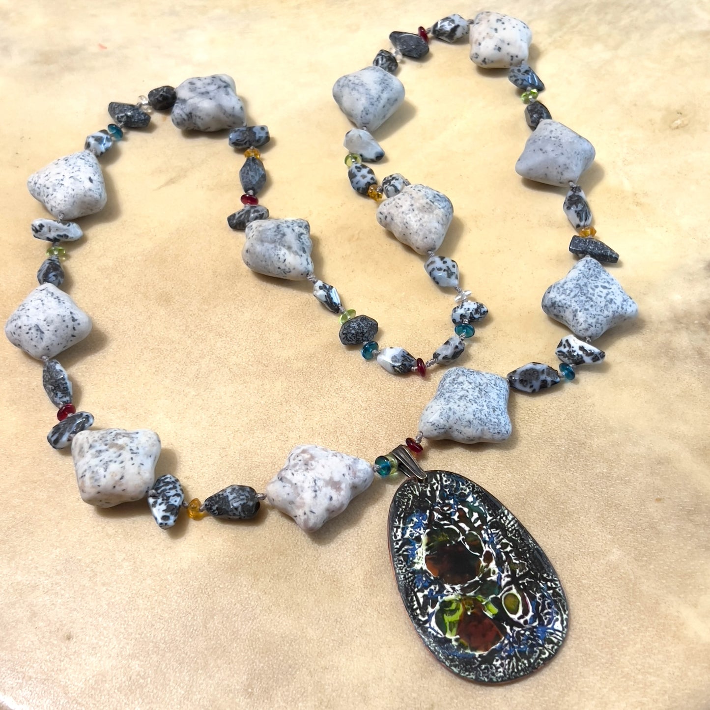 Artisan Handmade Agate & Stone Necklace with Enameled Metal Pendant