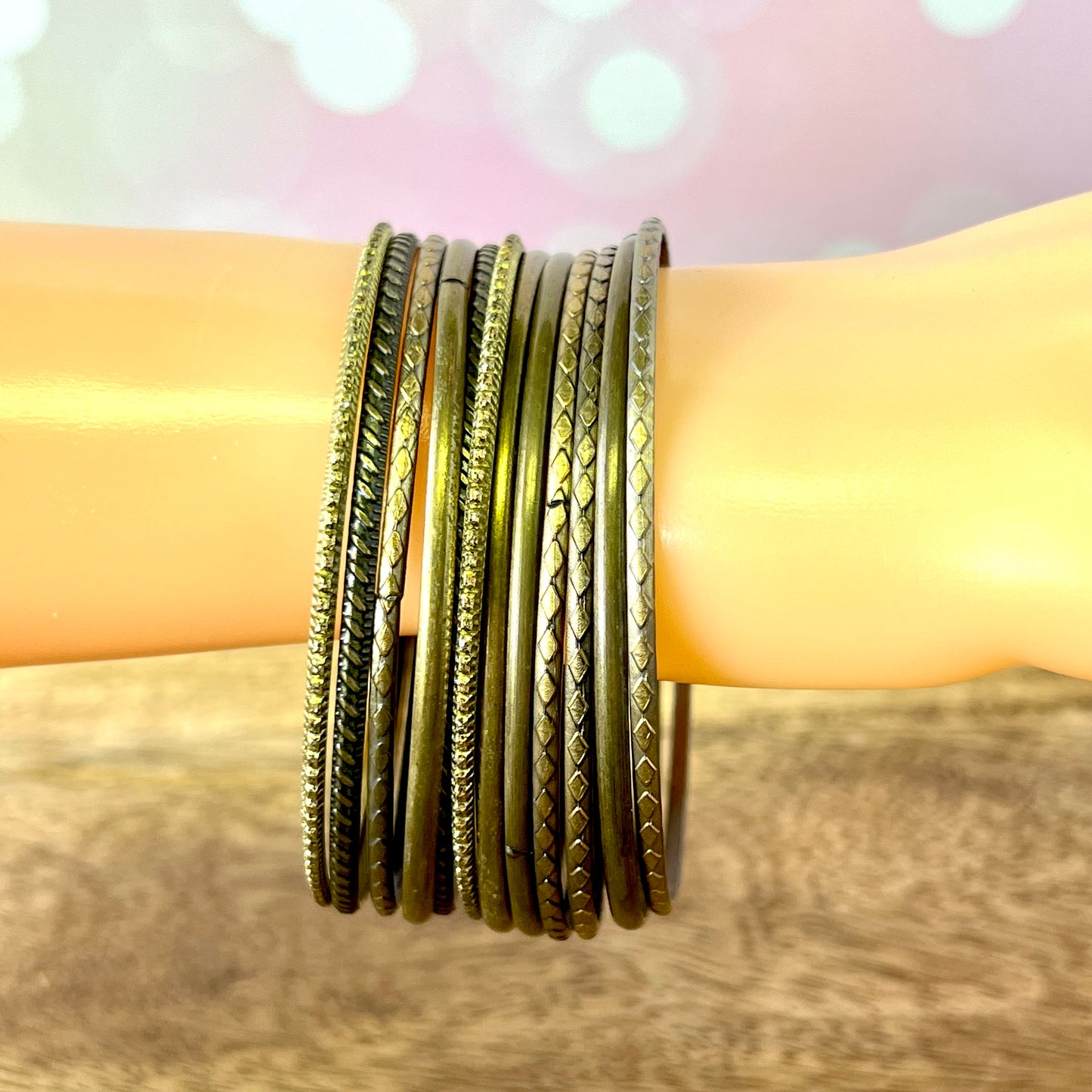 Vintage Antiqued Brass Tone Bracelet Stack of 12 Bangles