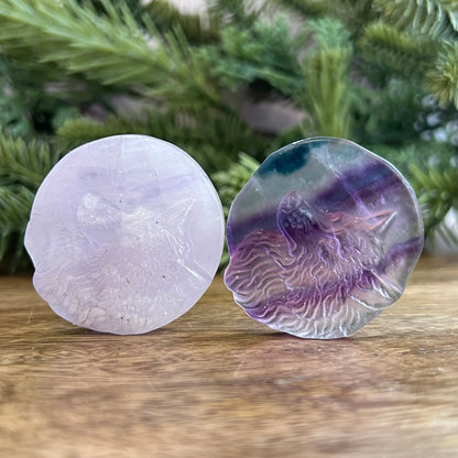 Purple Fluorite Wolf & Full Moon Carved Crystal Cabochon