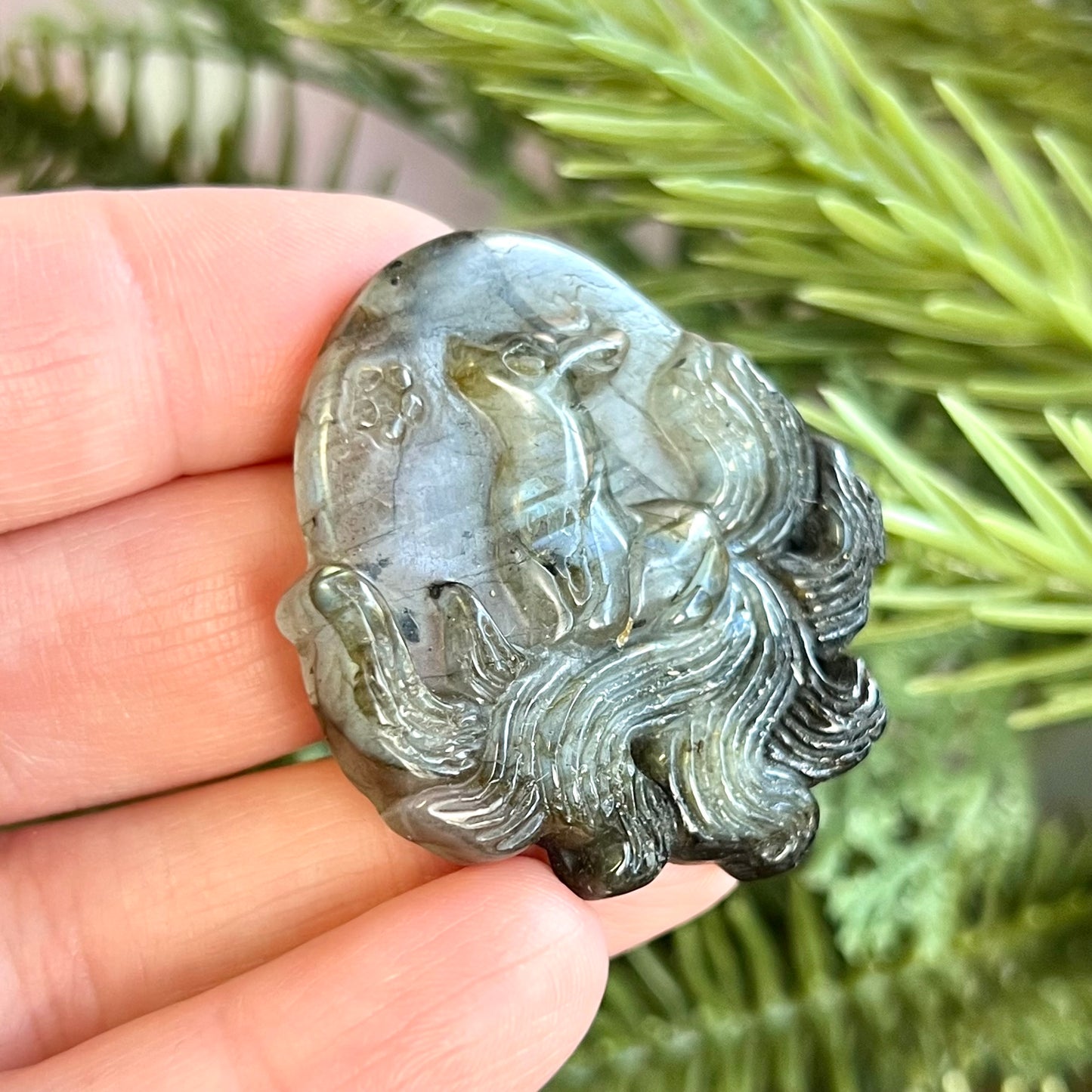 Kitsune Nine Tailed Fox with Flower Labradorite Crystal Carved Cabochon