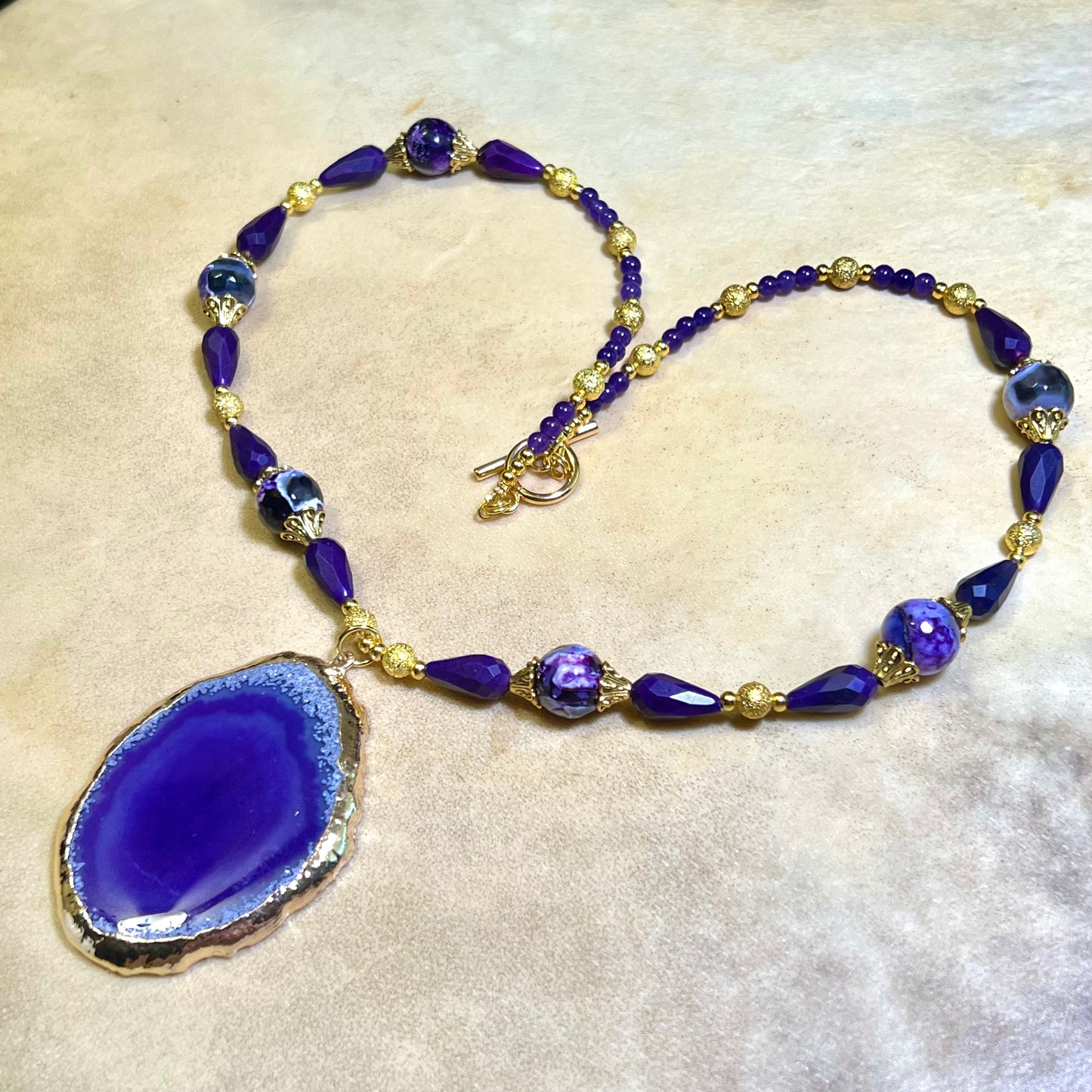 Purple & Gold Beaded Agate Handmade Necklace