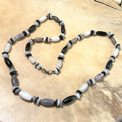 Black & White Agate Long Vintage Beaded Necklace