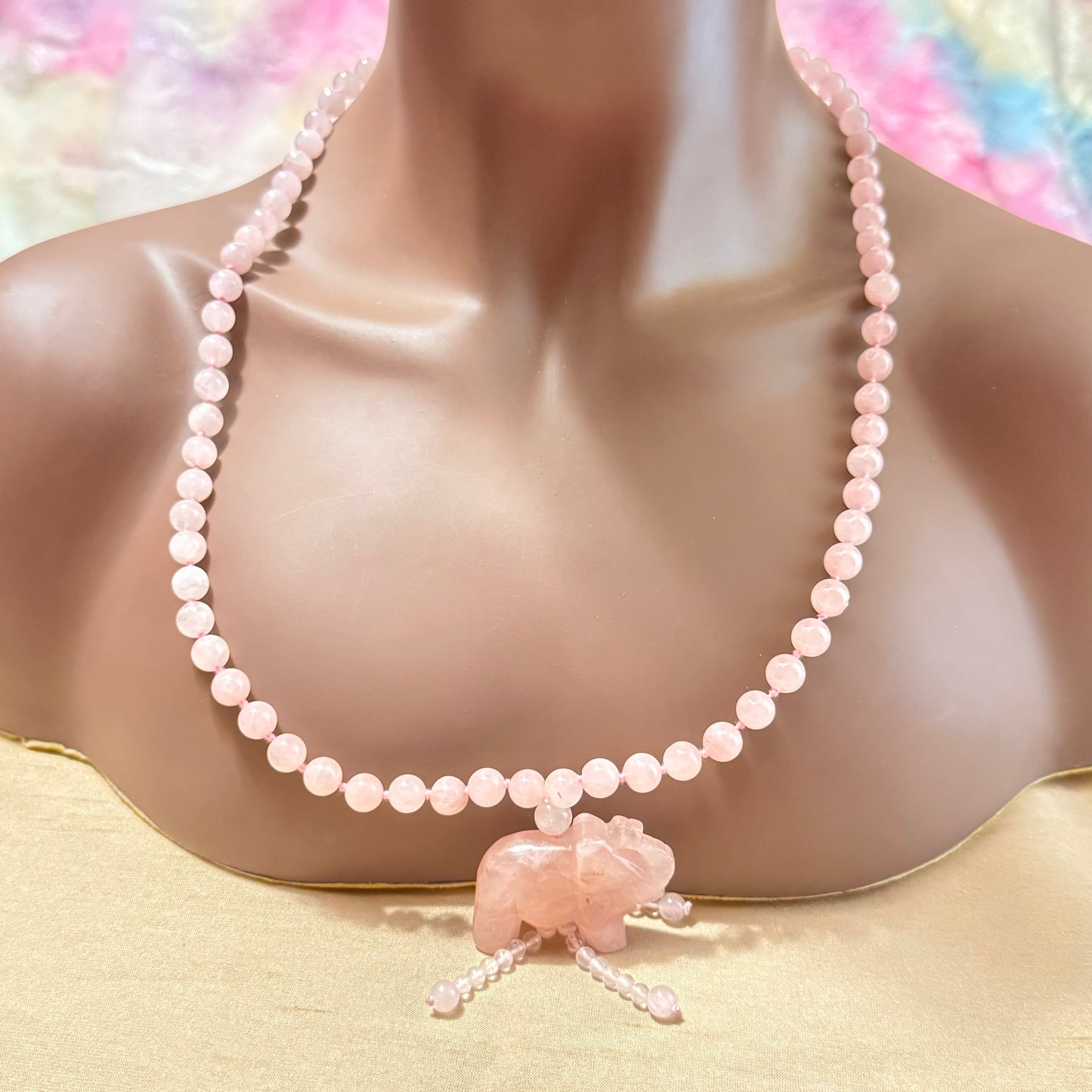 Rose Quartz Hand Knotted Beaded Necklace with Elephant Pendant - Vintage