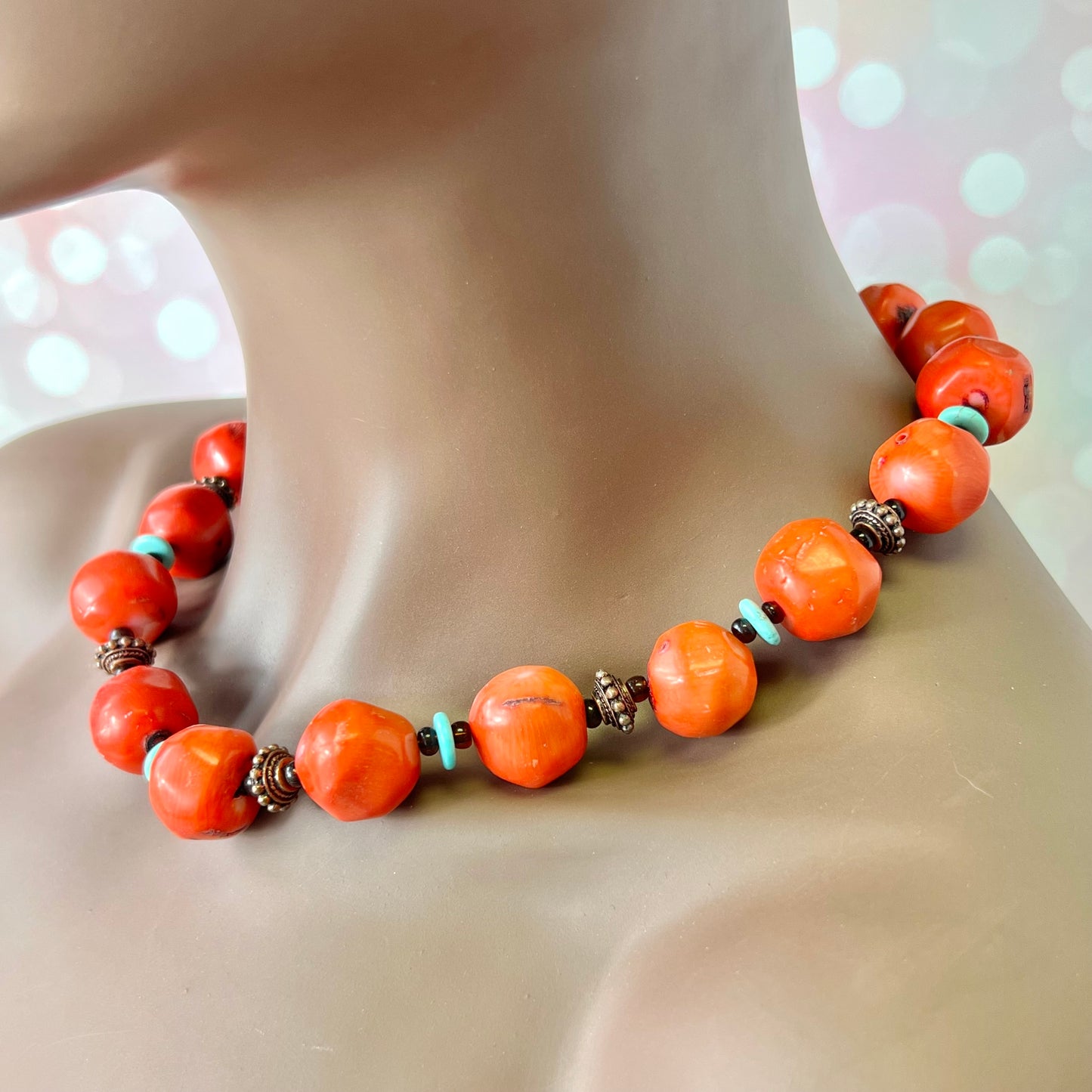 Bamboo Coral, Turquoise, & Copper Beaded Vintage Necklace