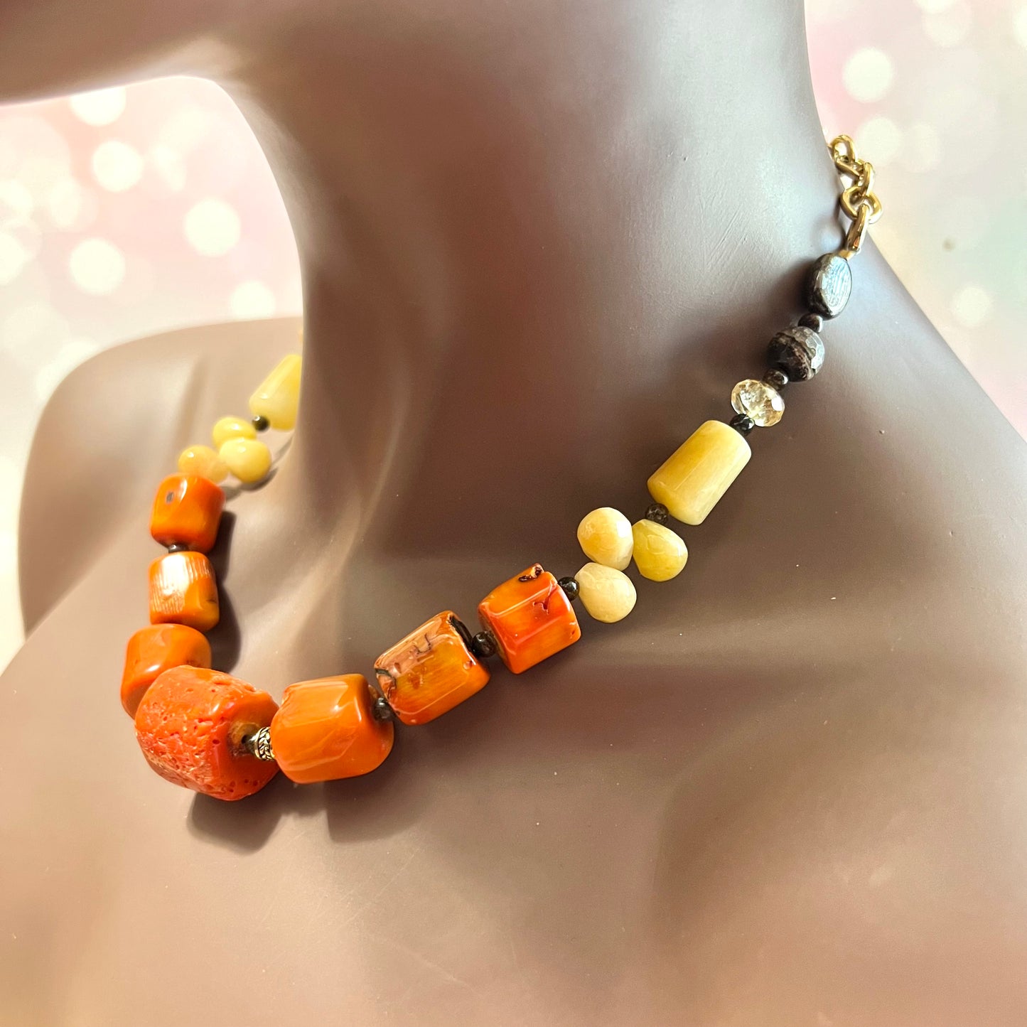 Coral, Citrine, Bronzite, & Aventurine Vintage Beaded Necklace by Barse