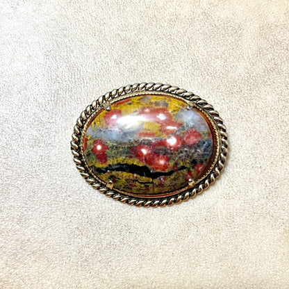 Vintage Red & Yellow Jasper Oval Cabochon with Gold Tone Bezel