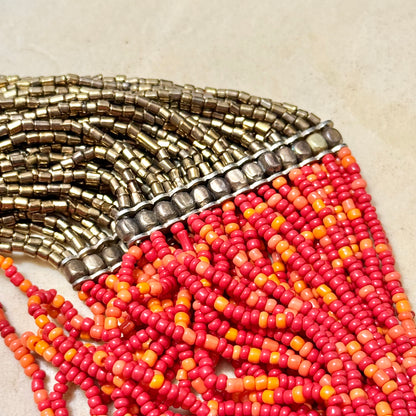 Cascading Red & Bronze Seed Bead Boho Multi-Strand Necklace