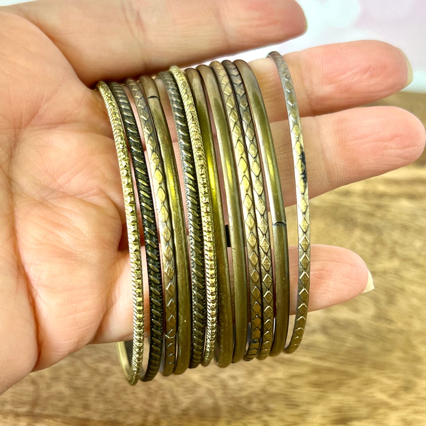 Vintage Antiqued Brass Tone Bracelet Stack of 12 Bangles