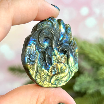 Kitsune Nine Tailed Fox with Cherry Blossom Tree Labradorite Crystal Carved Cabochon