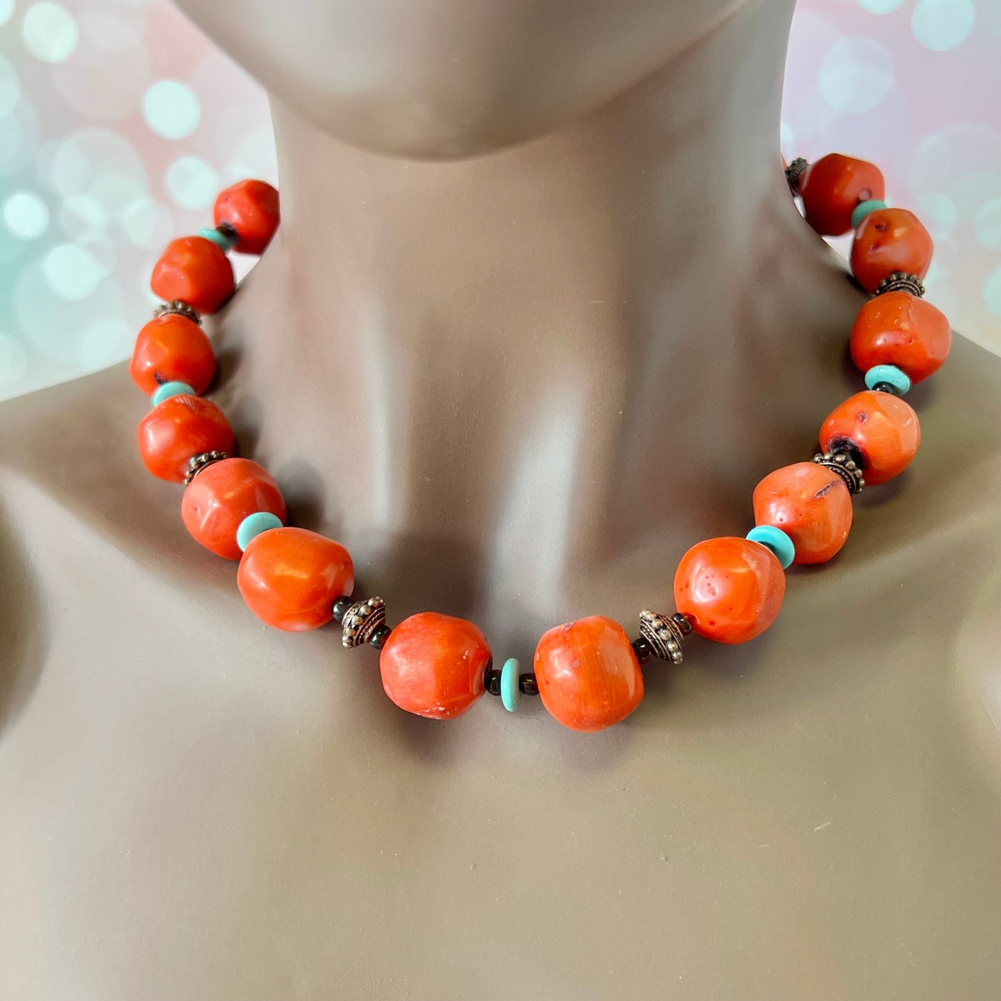 Bamboo Coral, Turquoise, & Copper Beaded Vintage Necklace