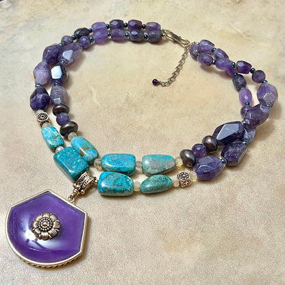 Amethyst, Pearl, & Turquoise Beaded Vintage Necklace by Barse