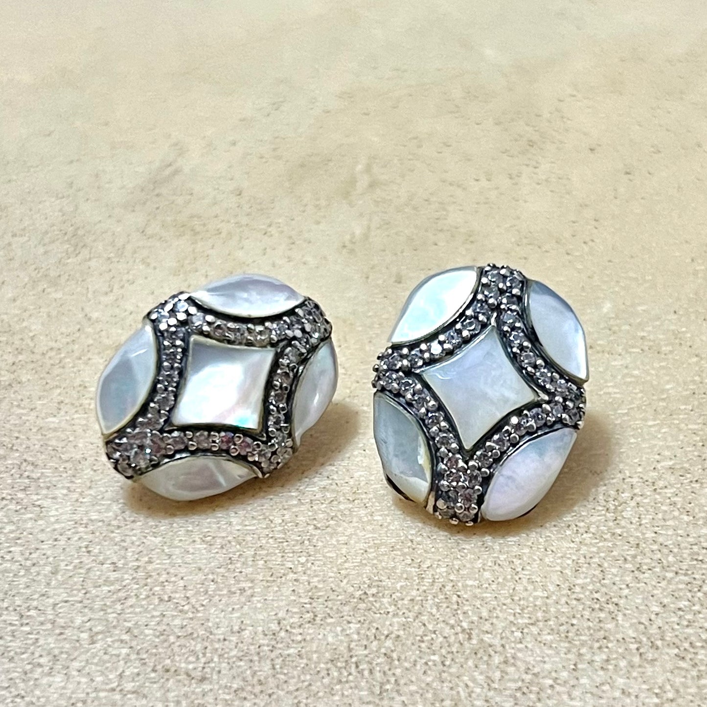 Mother of Pearl Abalone & Marcasite Vintage Sterling Silver Pierced Stud Earrings