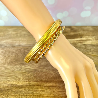 Vintage Bright Gold Tone Bracelet Stack of 3 Woven Textured Bangles