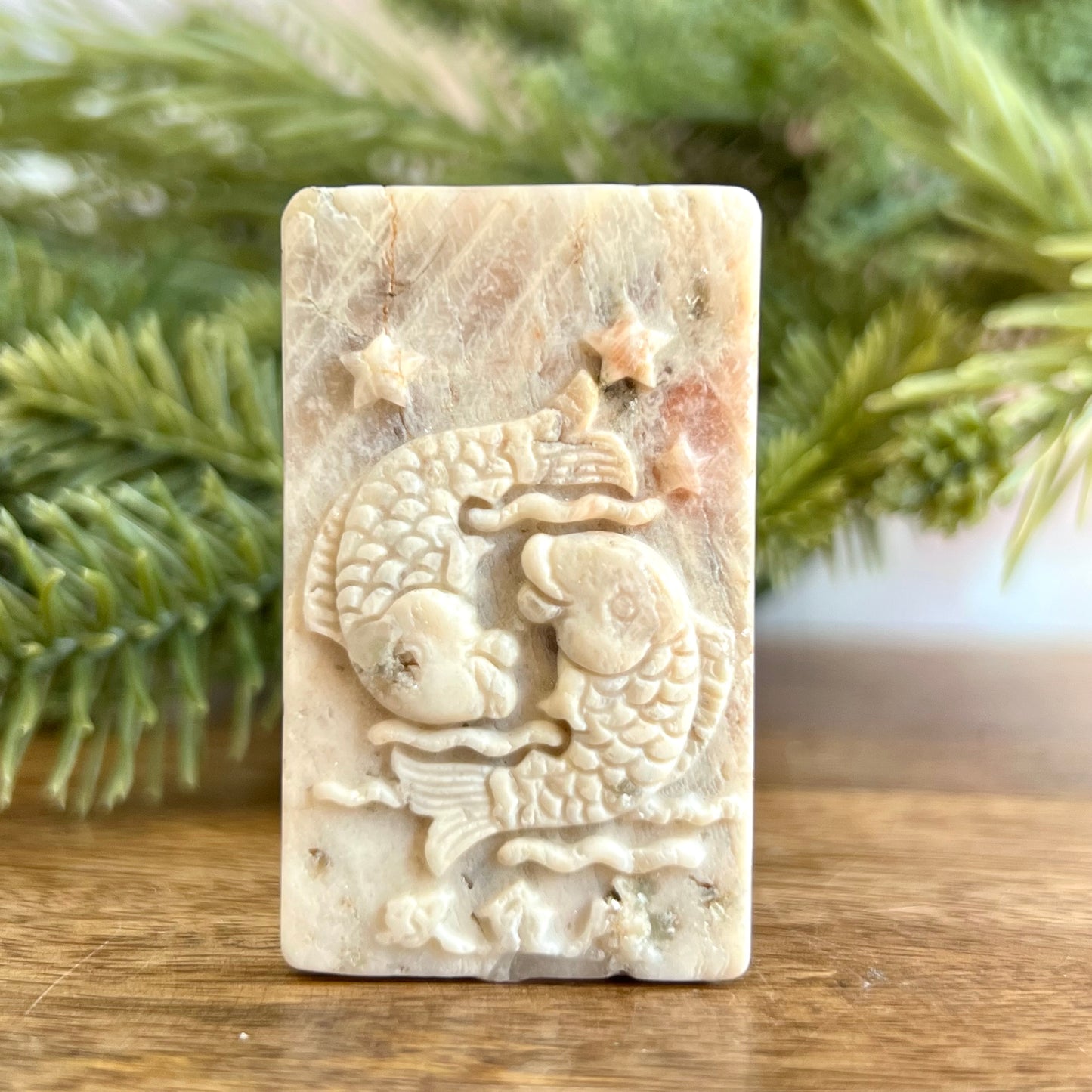 Pisces Zodiac Belomorite Carved Stone Cabochon