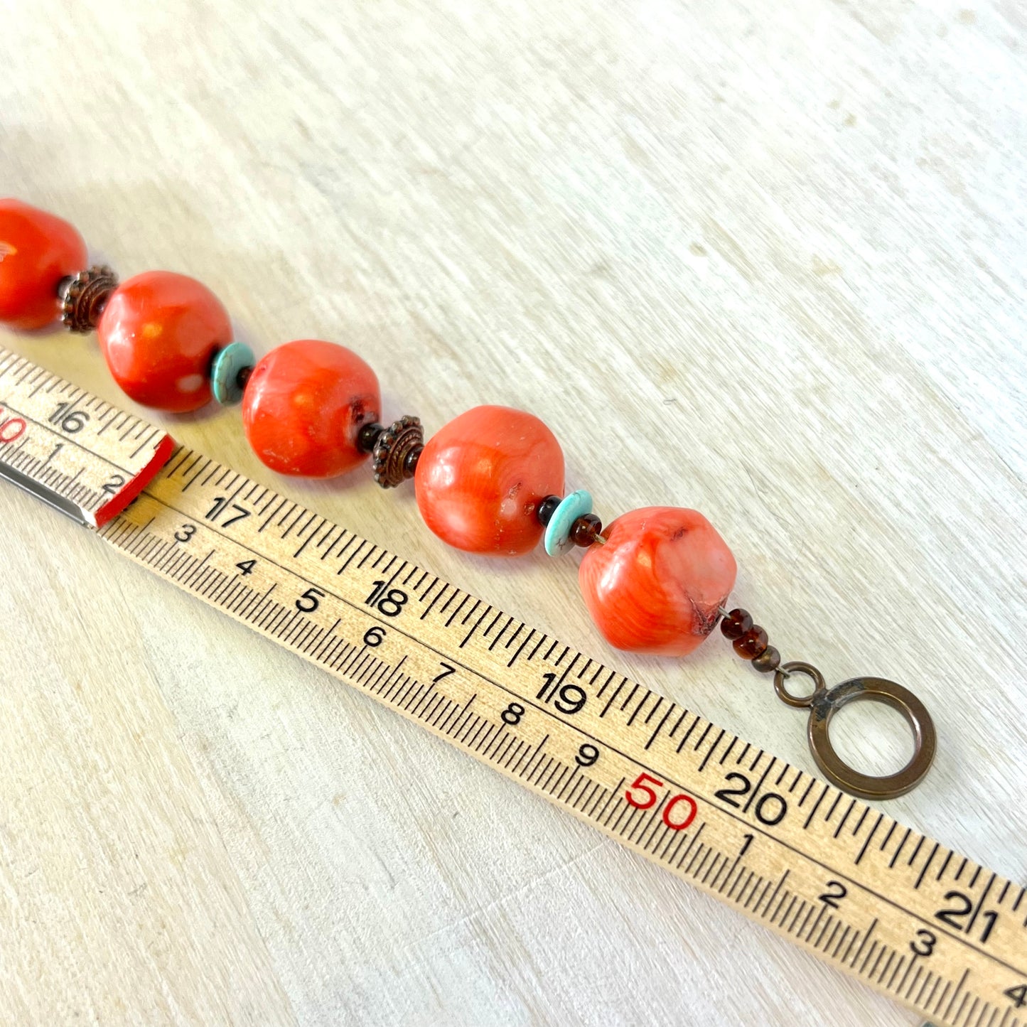 Bamboo Coral, Turquoise, & Copper Beaded Vintage Necklace