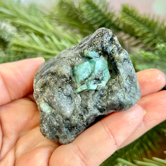 Emerald Raw Crystal in Basalt