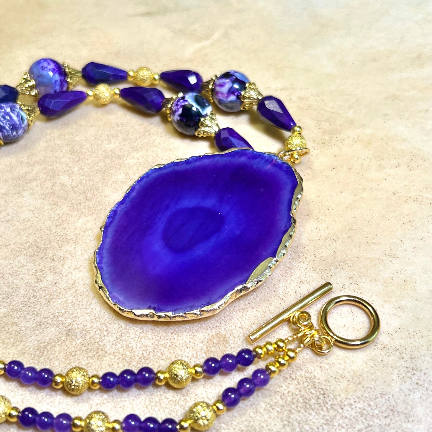 Purple & Gold Beaded Agate Handmade Necklace