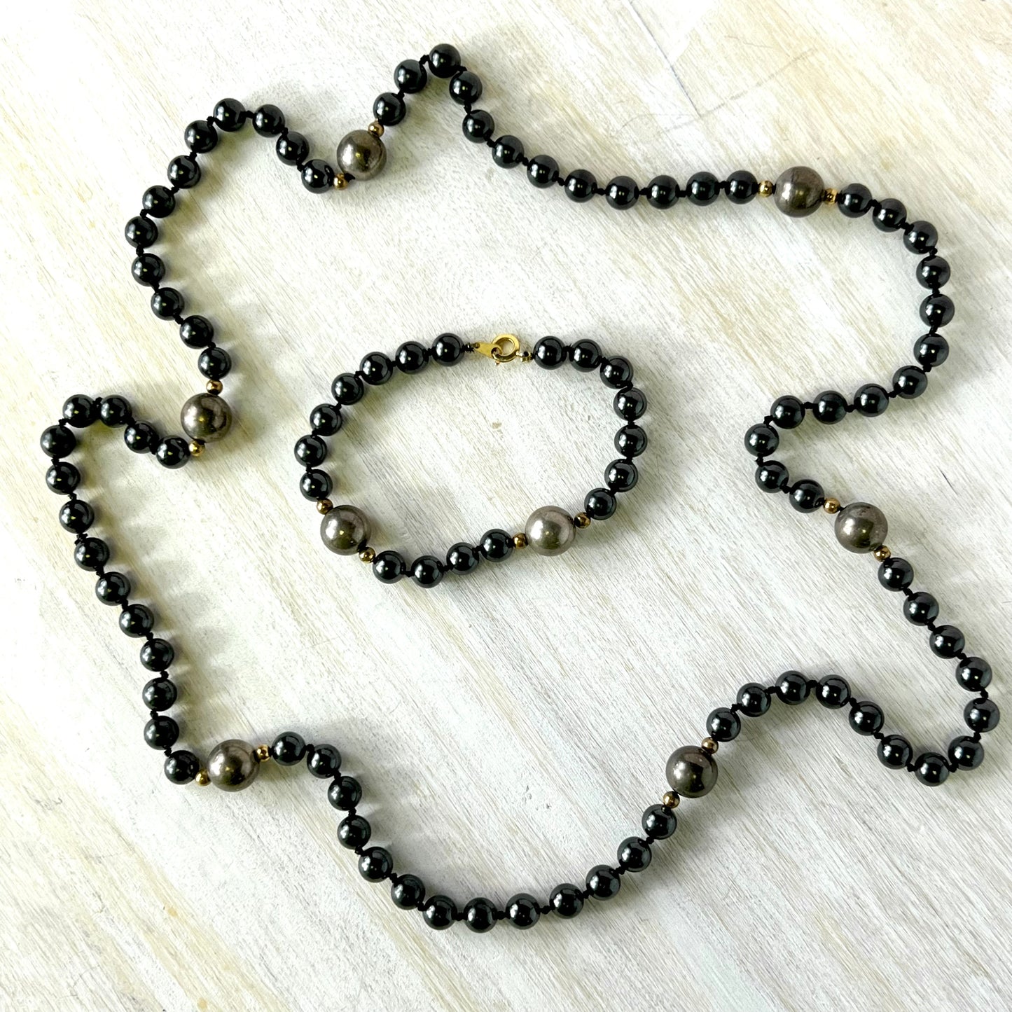 Vintage Hematite and Pyrite Black Hand Knotted Jewelry Set - Necklace and Bracelet