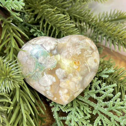 Flower Agate Carved Crystal Heart