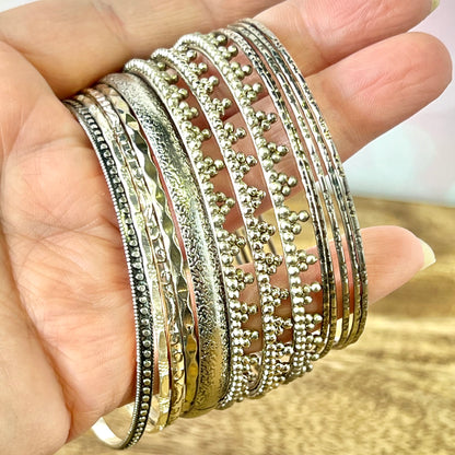 Vintage Silver Tone Bangle Bracelet Stack of 13