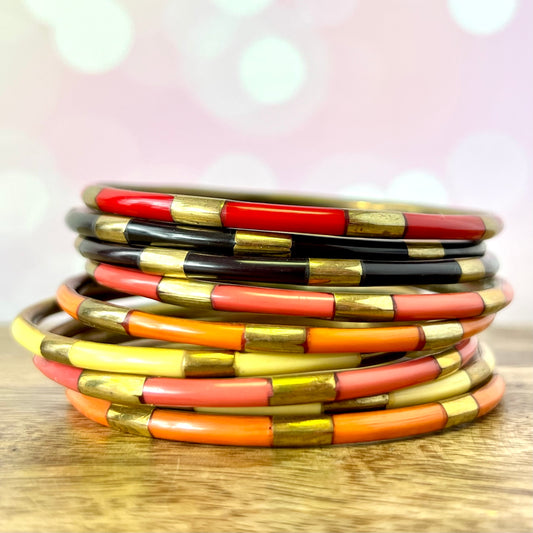 Vintage Warm Antique Brass Tone Bracelet Stack of 9 Bangles