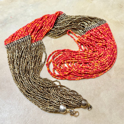 Cascading Red & Bronze Seed Bead Boho Multi-Strand Necklace