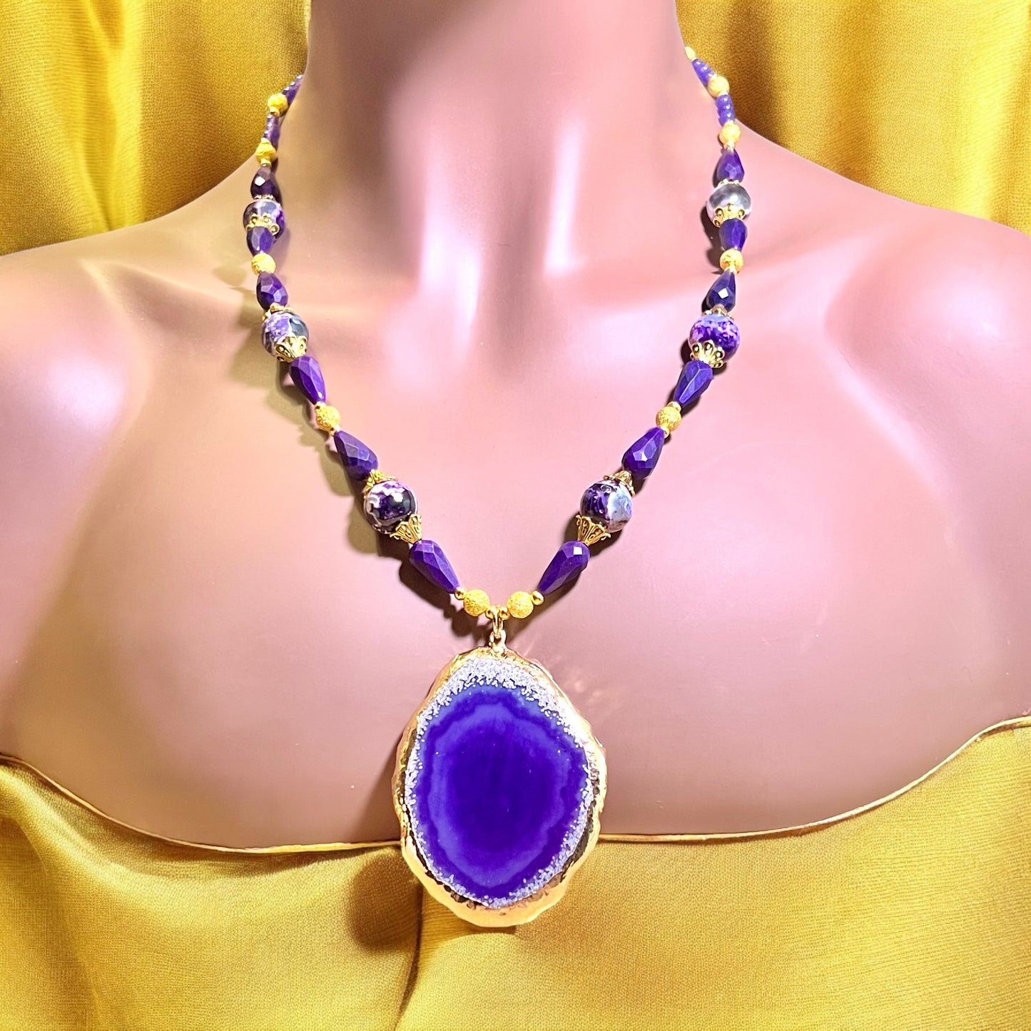 Purple & Gold Beaded Agate Handmade Necklace