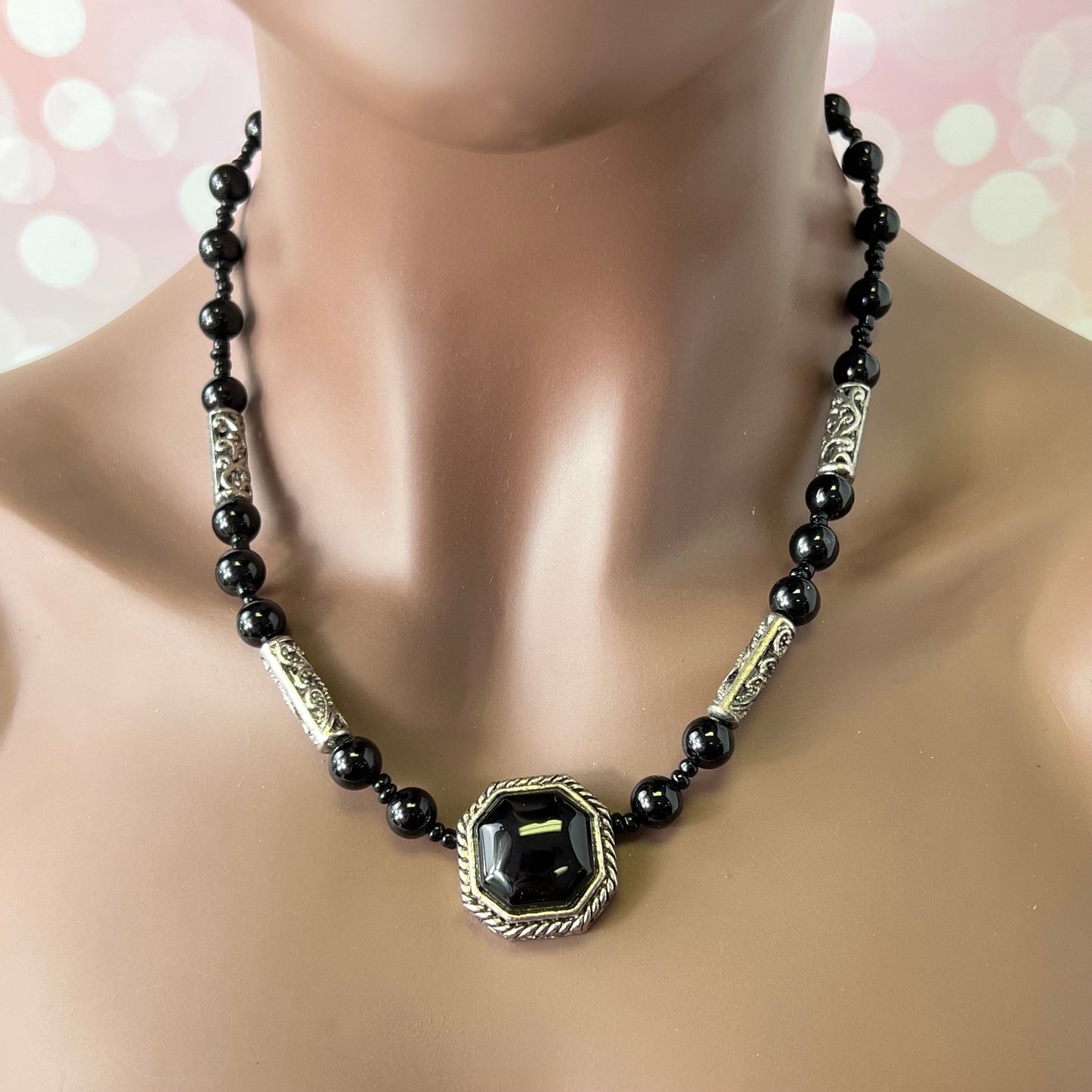 Black Obsidian Pendant Beaded Silver Tone Vintage Necklace