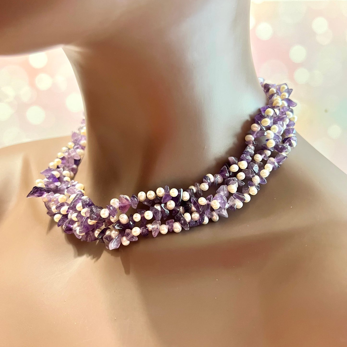 Amethyst & Pearl Vintage Multi Strand Beaded Necklace