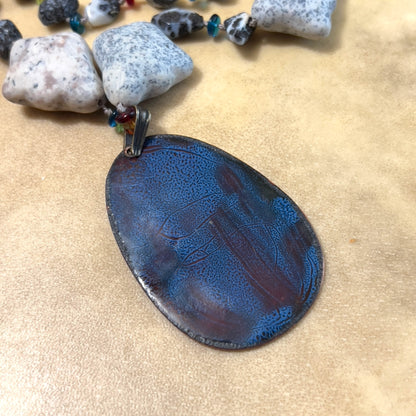 Artisan Handmade Agate & Stone Necklace with Enameled Metal Pendant