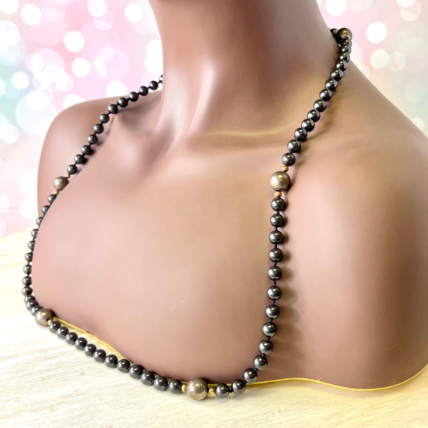 Vintage Hematite and Pyrite Black Hand Knotted Jewelry Set - Necklace and Bracelet