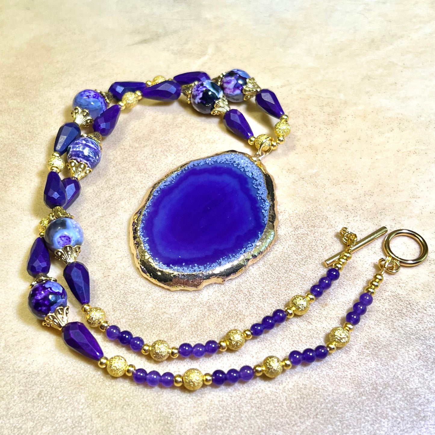 Purple & Gold Beaded Agate Handmade Necklace