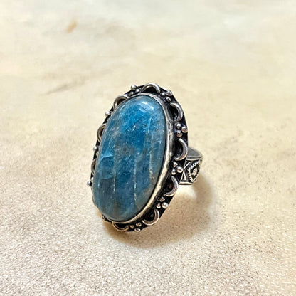Apatite Oval Ring set in Silver Plated Copper