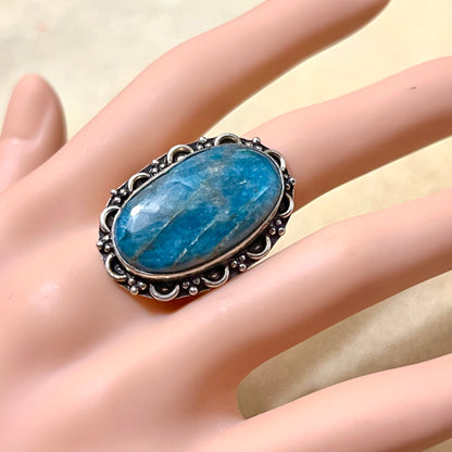Apatite Oval Ring set in Silver Plated Copper