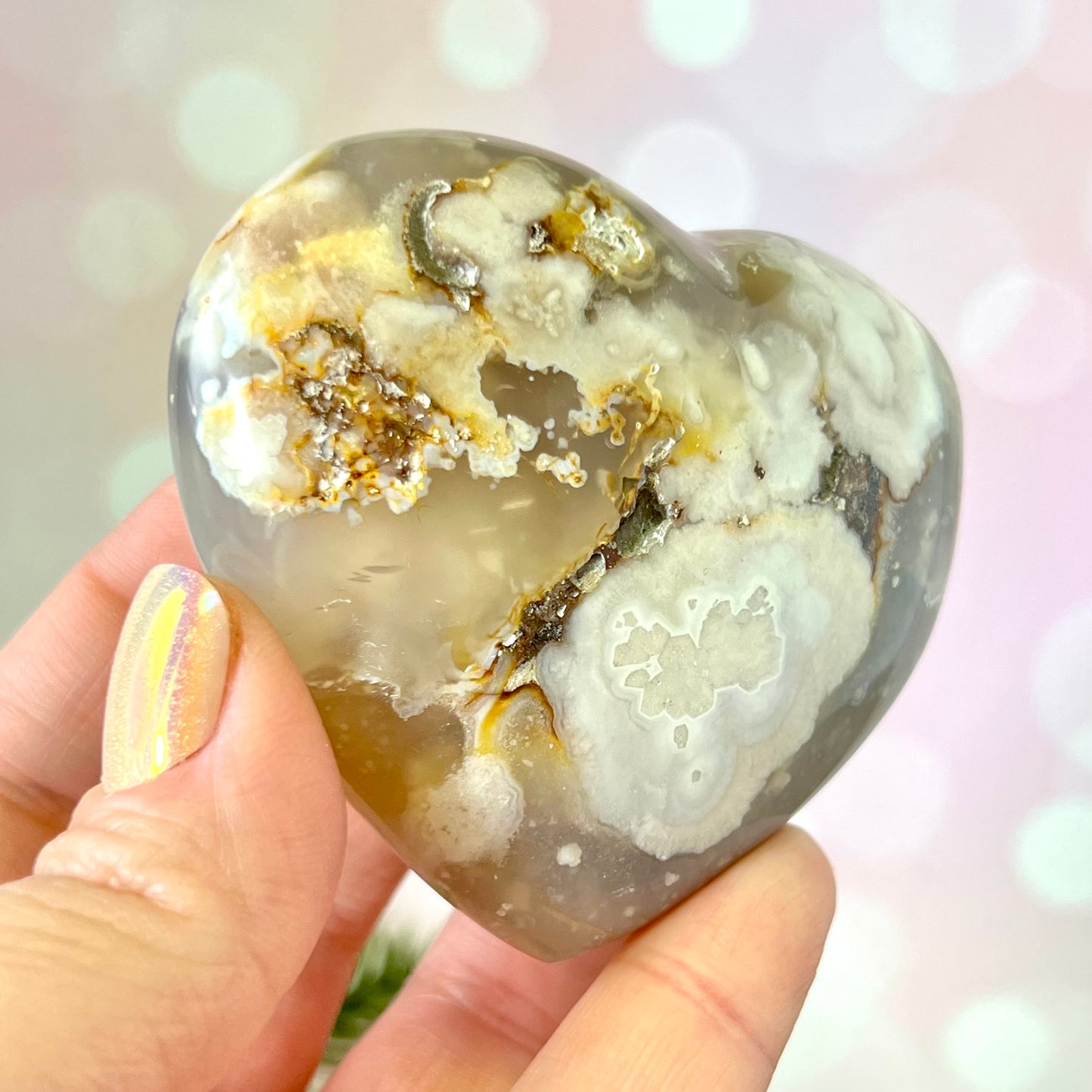 Flower Agate Carved Crystal Heart