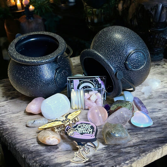 Mini Cauldron Stuffed with Tumbled Crystals & Witchy Halloween Goodies