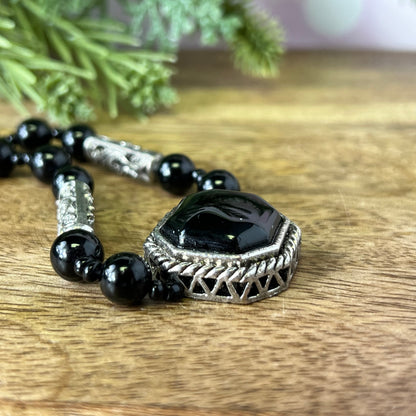 Black Obsidian Pendant Beaded Silver Tone Vintage Necklace