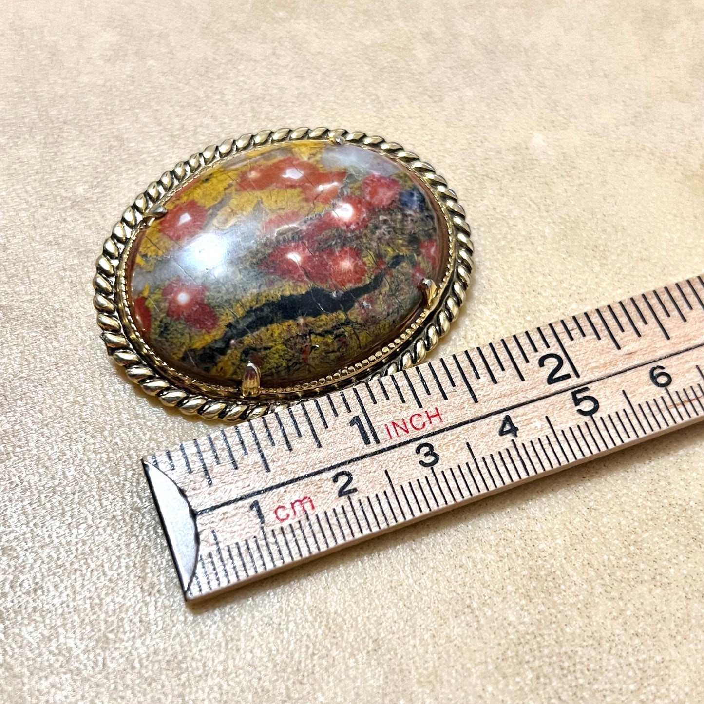 Vintage Red & Yellow Jasper Oval Cabochon with Gold Tone Bezel