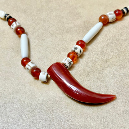 Vintage Handmade Copper Bone & Carnelian Tooth Necklace