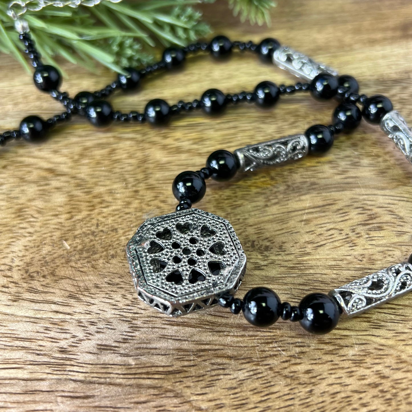 Black Obsidian Pendant Beaded Silver Tone Vintage Necklace