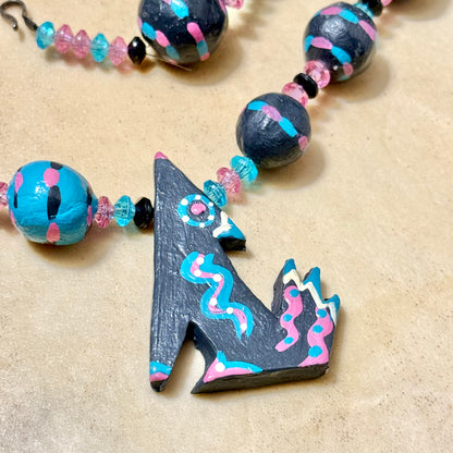 Hand Painted Coyote & Cactus Vintage Clay Southwestern Necklace