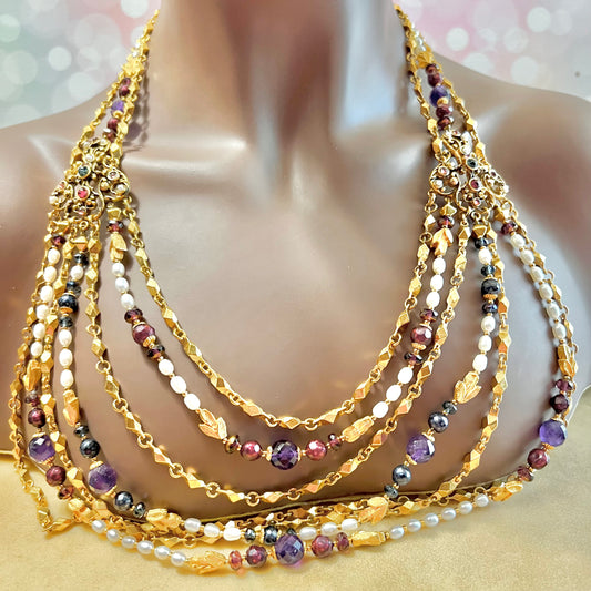Barrera Vintage Draping Layered Necklace with Pearls & Garnet Glass