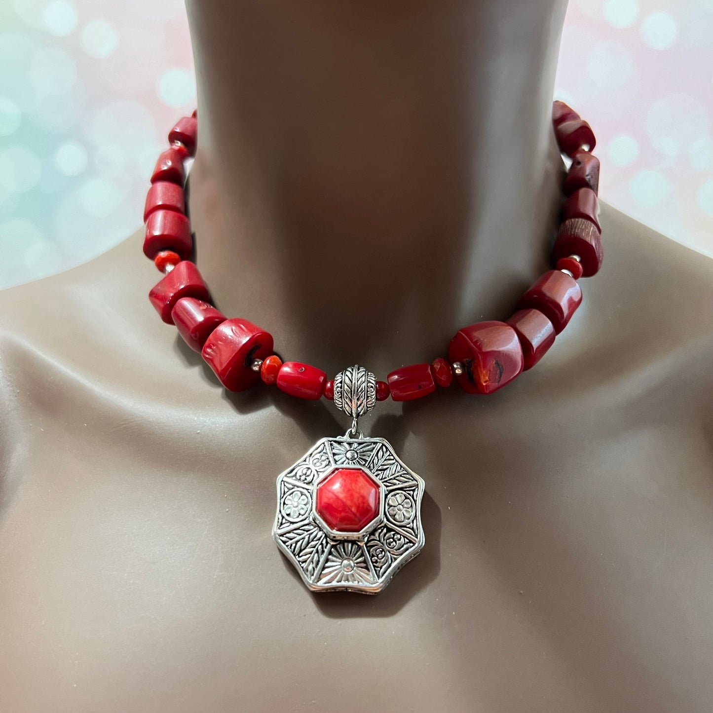 Barse Chunky Red Coral & Silver Tone Necklace - Vintage