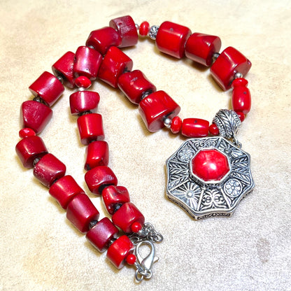 Barse Chunky Red Coral & Silver Tone Necklace - Vintage