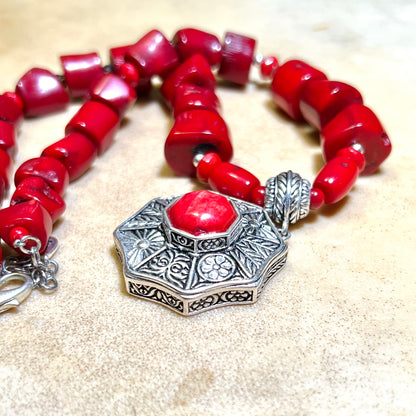 Barse Chunky Red Coral & Silver Tone Necklace - Vintage