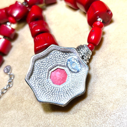 Barse Chunky Red Coral & Silver Tone Necklace - Vintage