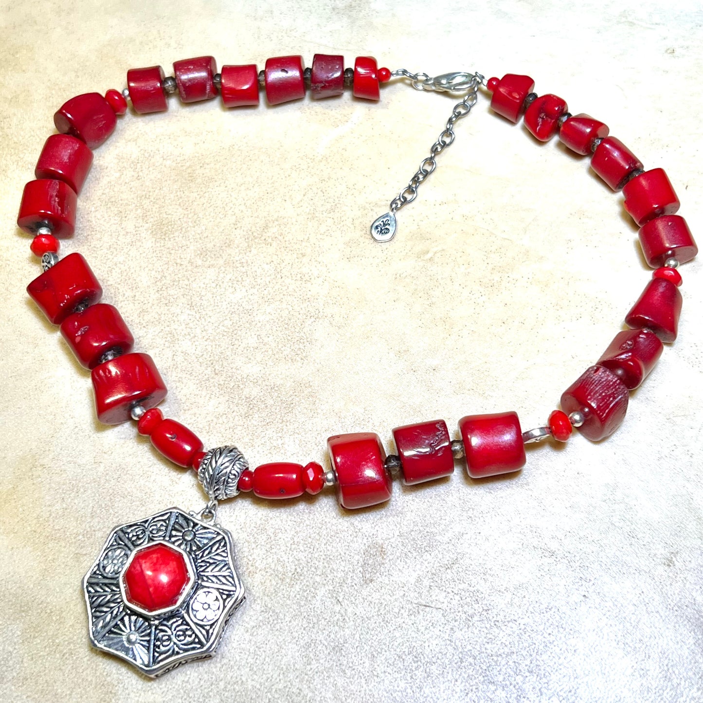 Barse Chunky Red Coral & Silver Tone Necklace - Vintage